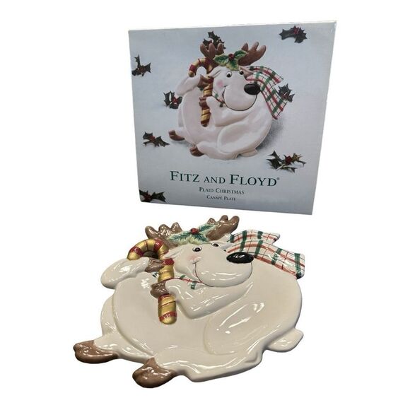 Vintage Fitz & Floyd Christmas Reindeer Canape Plate Cookies Candy Tray 10" Cute - Picture 1 of 11